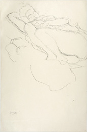 Reclining female semi-nude with legs drawn up to her left